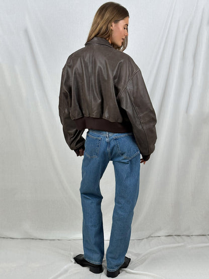 Cropped oversized dames leren bomberjack vintage look – Renvy