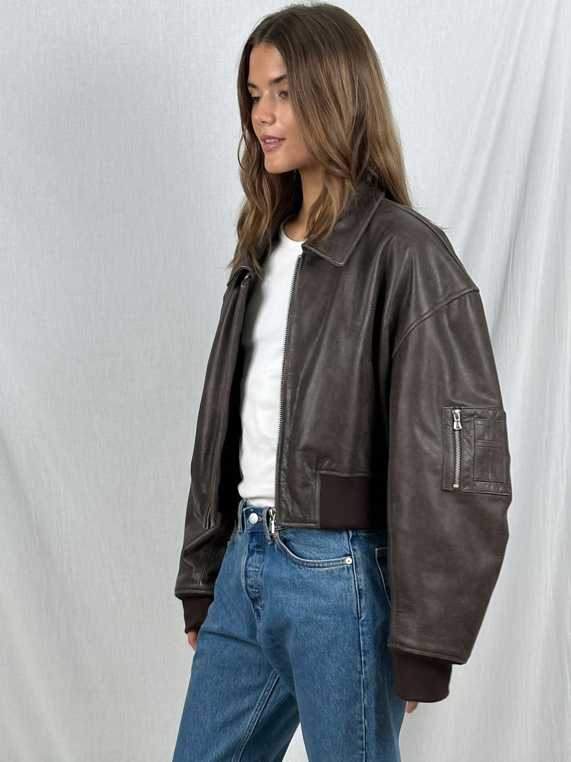 Cropped oversized dames leren bomberjack vintage look – Renvy