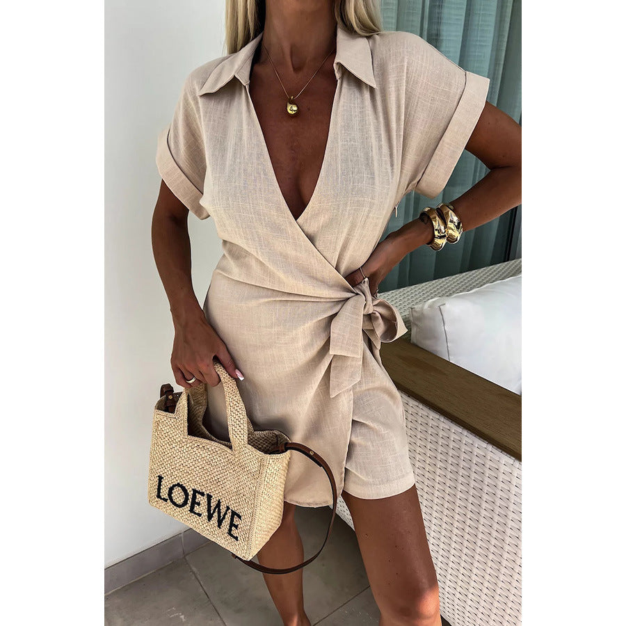 Linnen katoen playsuit met revers en korte mouwen – Lara