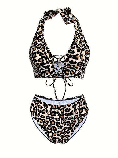 Panterprint Bikini met Halter en Hoge Snit – Seravena