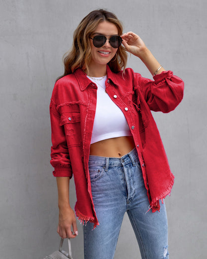 Oversized Denim Jas voor Dames met Ruwe Details – Jinxie