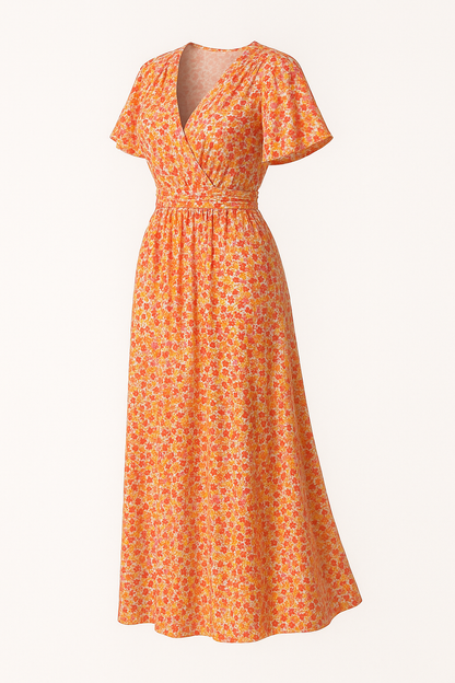 Elegante bloemenjurk met V-hals en korte mouwen – Elsie