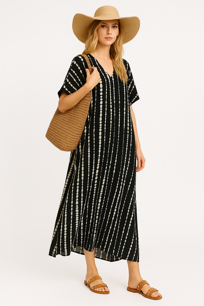 Donkerblauwe Kaftan Jurk met Witte Print – Salivra