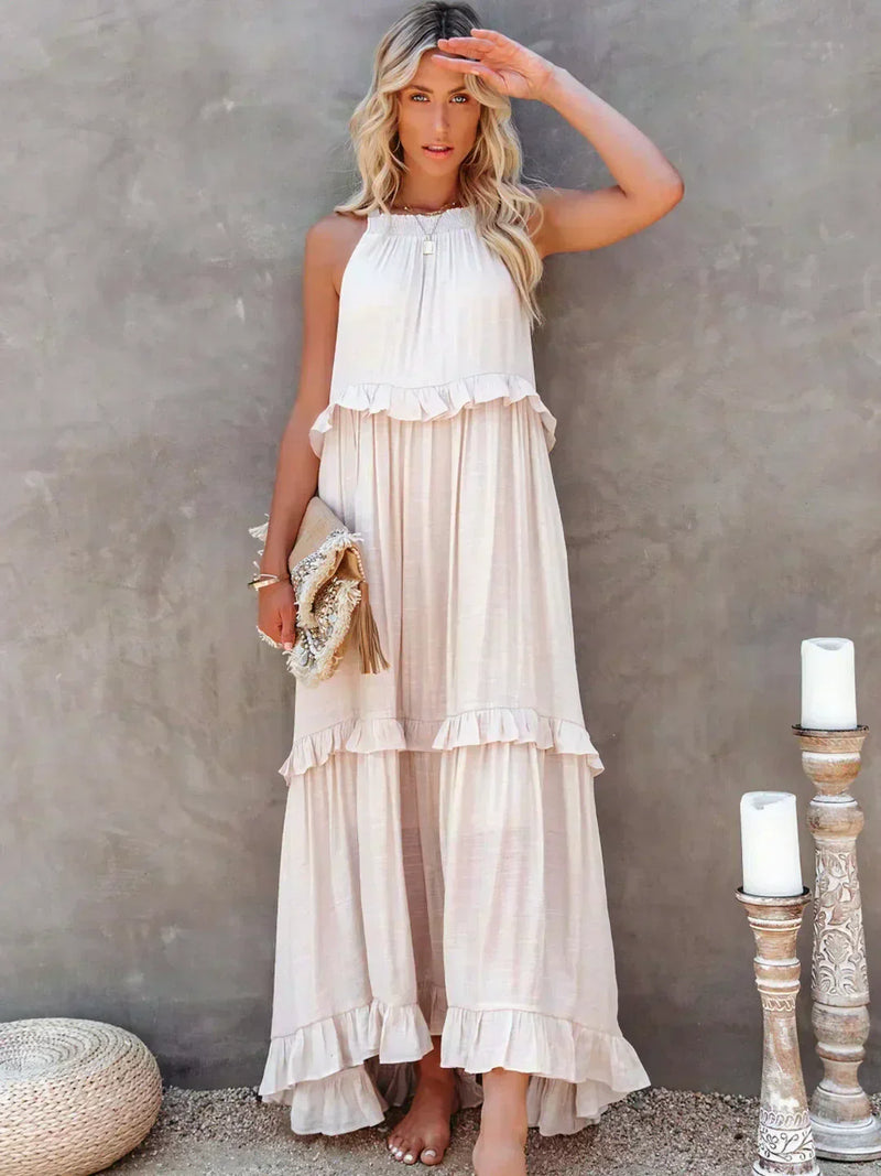 Maxi Halterjurk met Ruffles en Elegante Pasvorm – Sarah