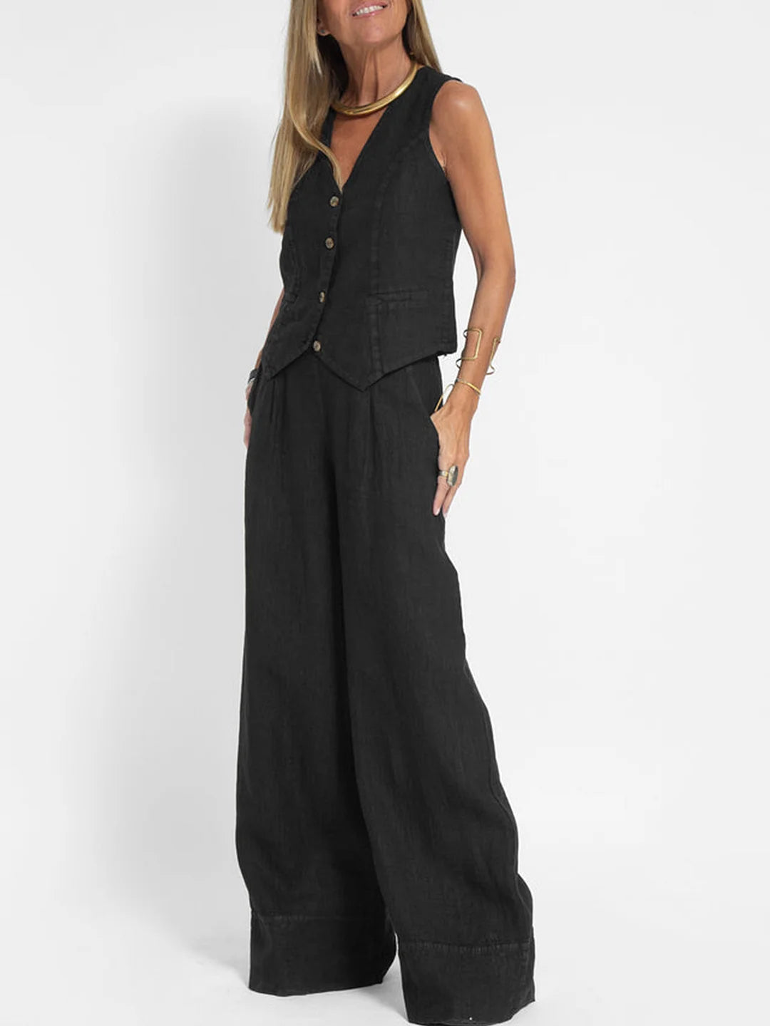 Twee-delige dames set vest en wijde broek – Ella