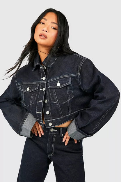 Denim set met cropped jasje en wide-leg jeans – Indy
