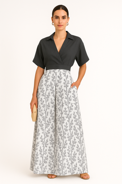 Tweedelige dames zomerset met wijde broek – Ivory