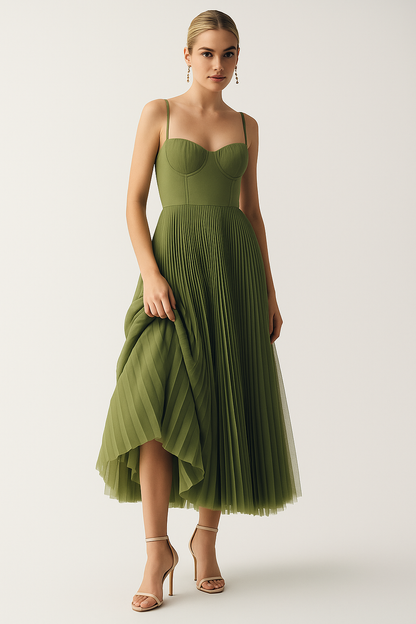 Romantische plissé midi-jurk met bustier – Olivia