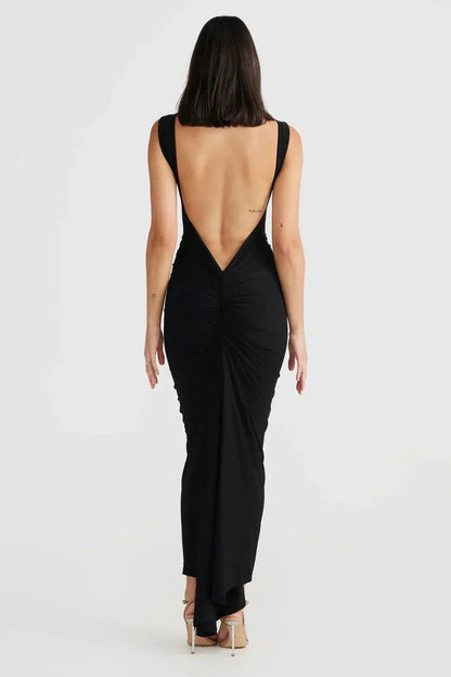 Lange Geplooide Jurk Open Rug Elegant – Eva