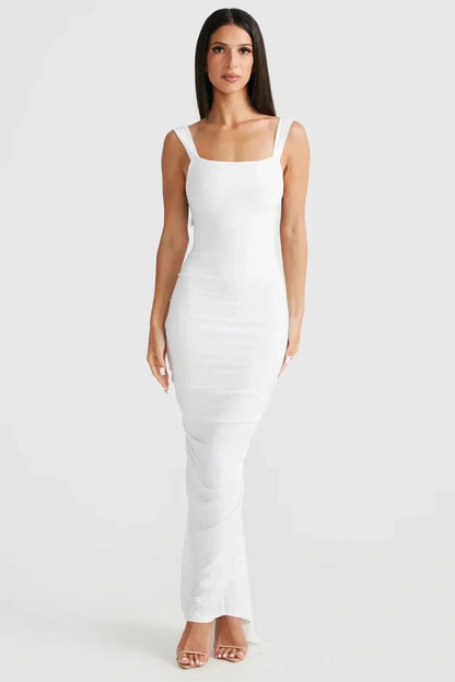 Lange Geplooide Jurk Open Rug Elegant – Eva