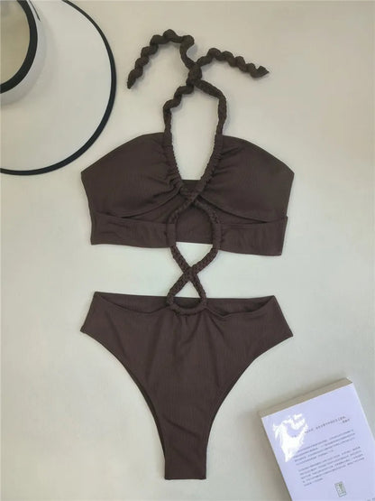 Halter bikini dames bruin knoopdetails set – Selina