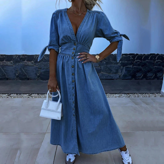 Denim maxi jurk dames V-hals split sexy – Rovira