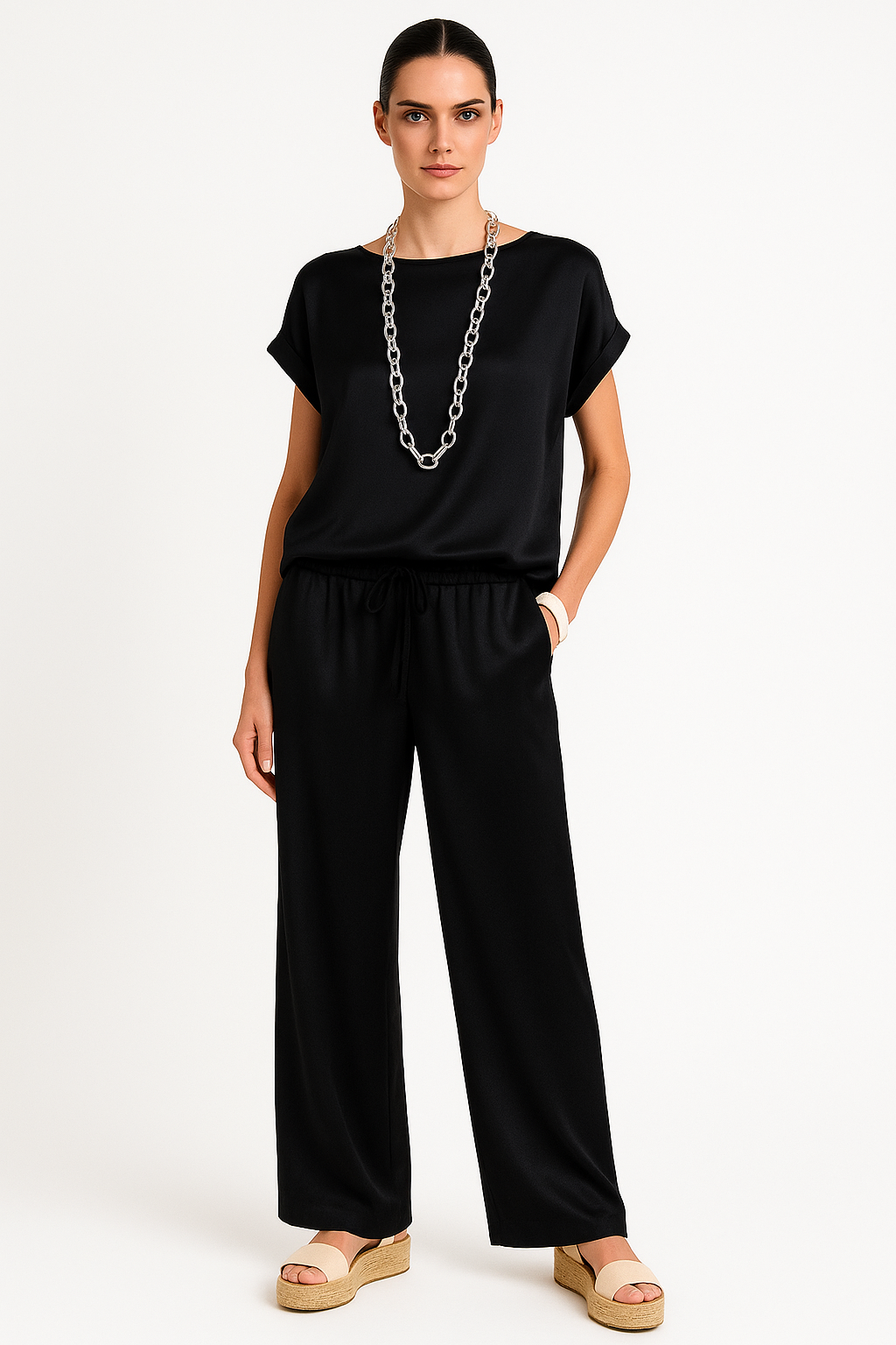 Luchtige tweedelige dames set met wijde broek – Lola