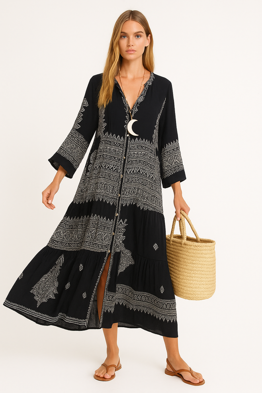 Maxi-jurk met V-hals en trompetmouwen – Mila