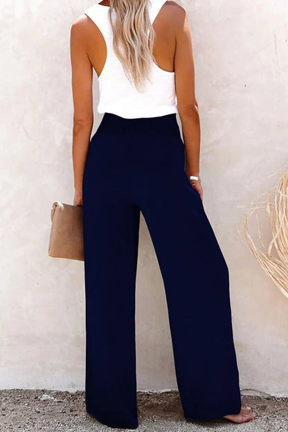 Hoge taille damesbroek met knoopdetail en comfort – Riana