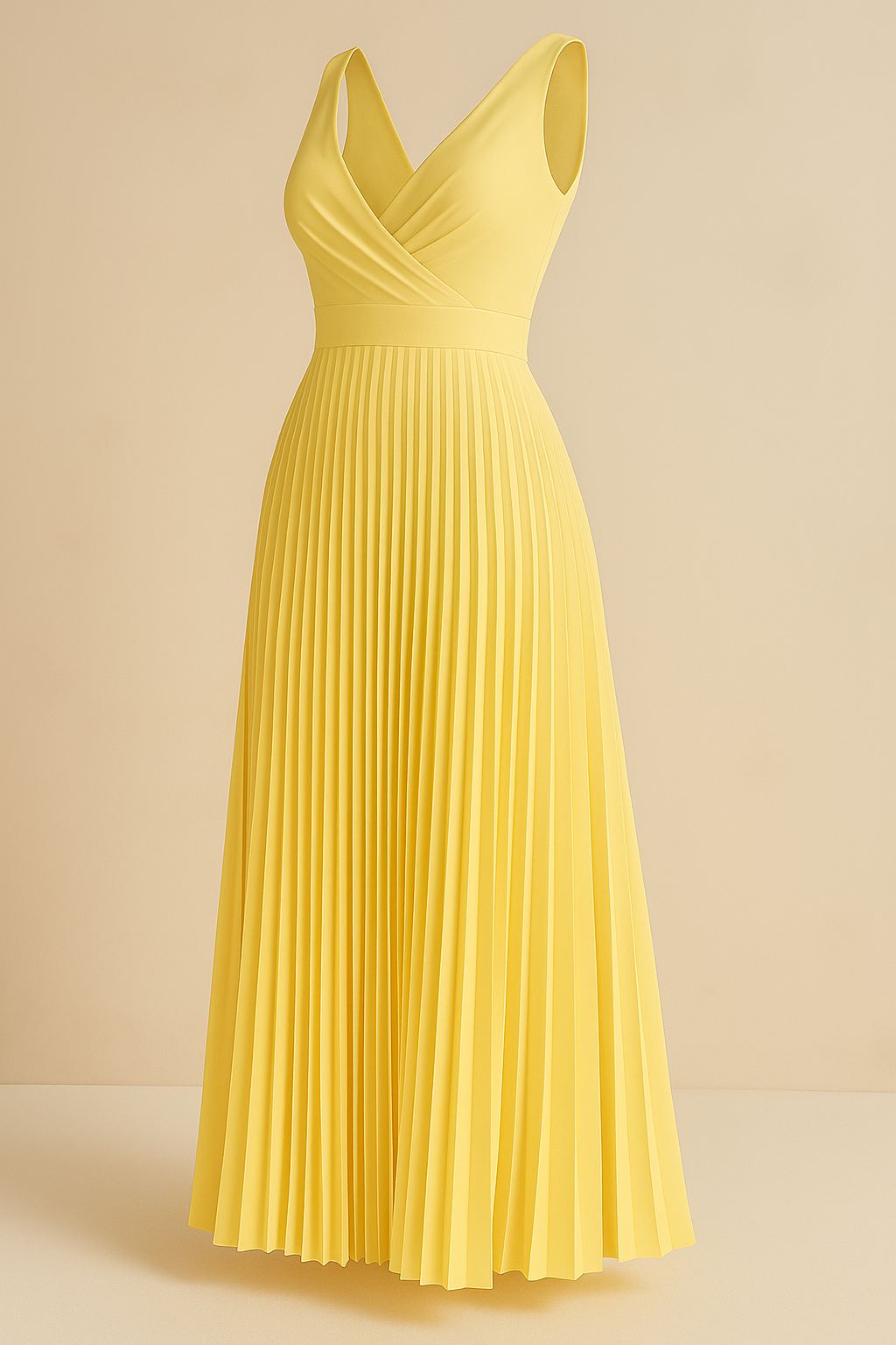 Gele plissé maxi-jurk met V-hals – Elise
