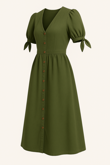 Elegante damesjurk met V-hals en strikmouwen – Amelie