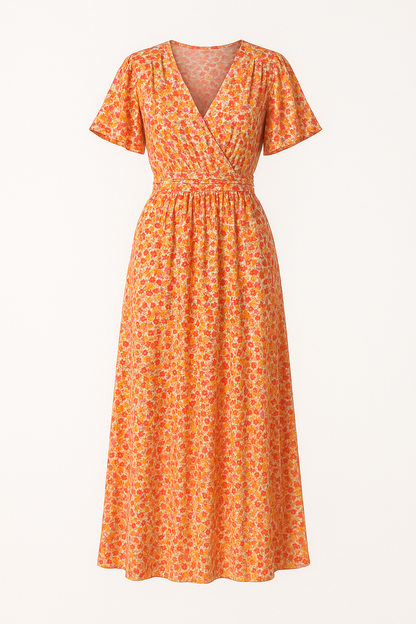 Elegante bloemenjurk met V-hals en korte mouwen – Elsie