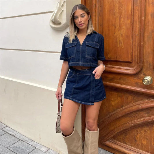 Denim dames set met broekrok en V-hals top – Zynari