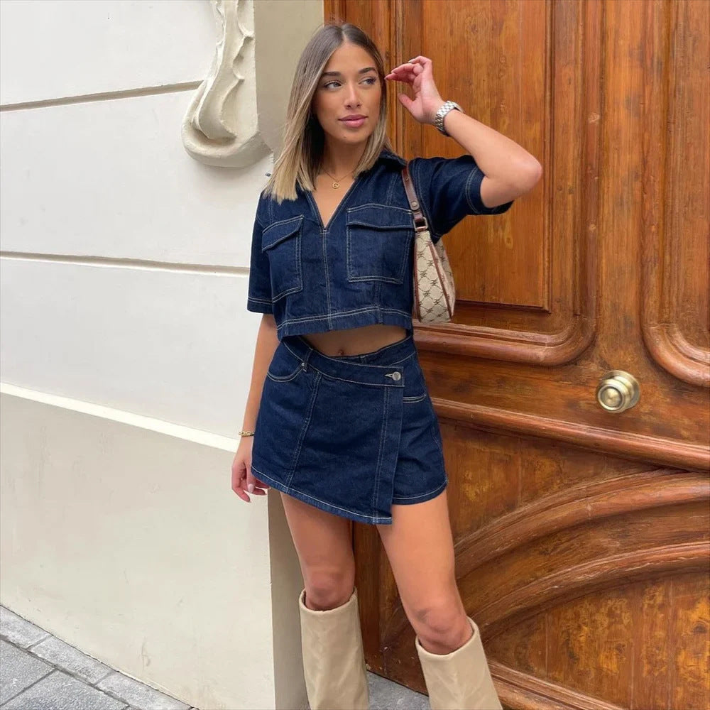 Denim dames set met broekrok en V-hals top – Zynari