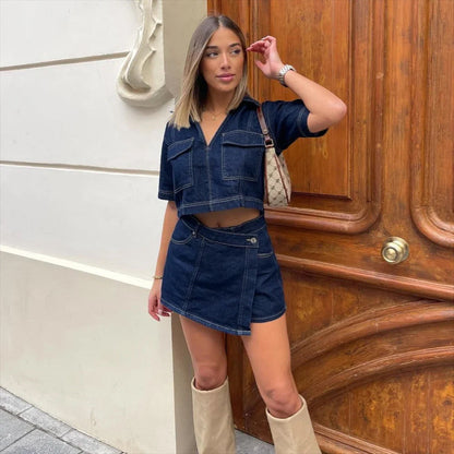 Denim dames set met broekrok en V-hals top – Zynari