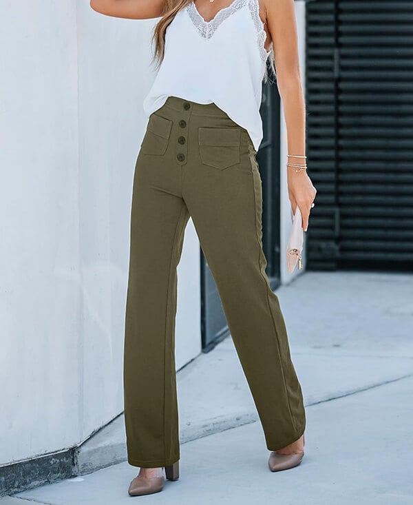 High waisted damesbroek elastisch met zakken en knoop – Zoe