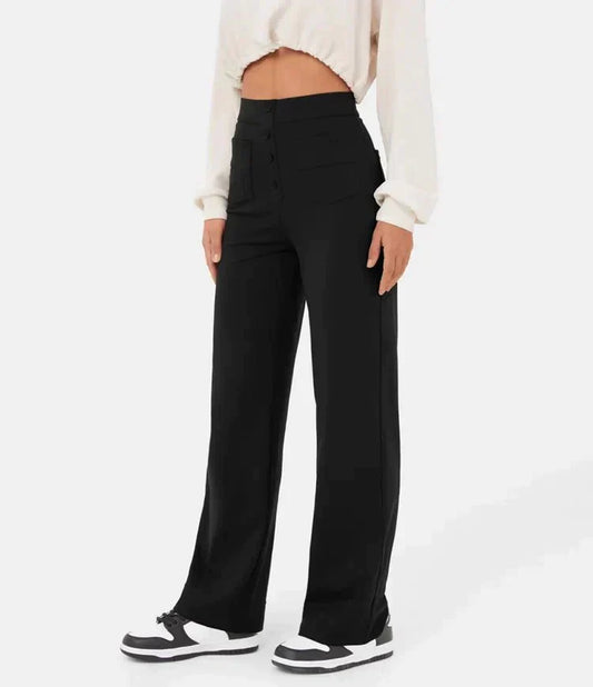 High waisted damesbroek elastisch met zakken en knoop – Zoe