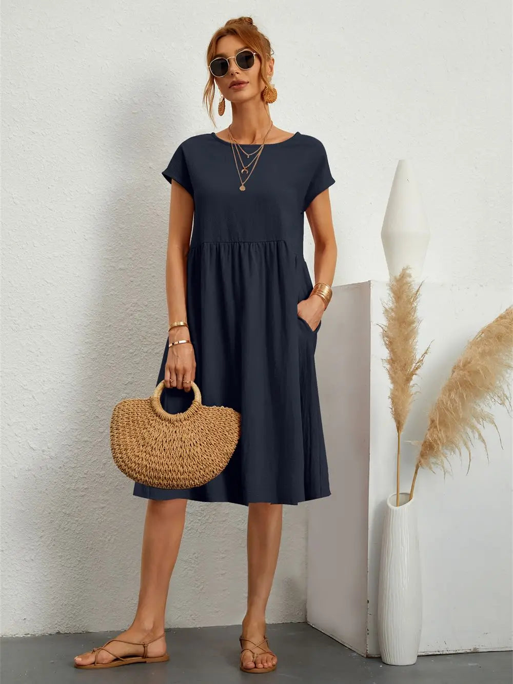 Dames Casual Katoenen Jurk Met Zakken Comfort – Noa