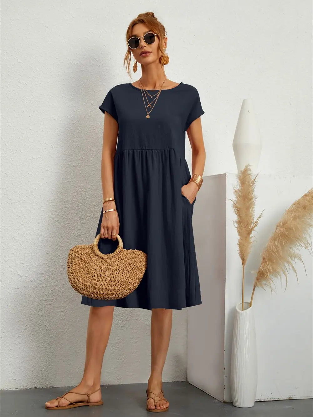 Dames Casual Katoenen Jurk Met Zakken Comfort – Noa