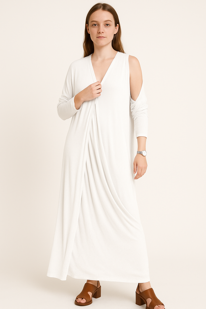 Lange damesjurk met V-hals en getailleerd silhouet – Aria