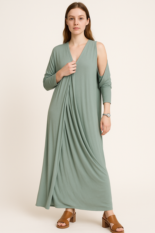 Lange damesjurk met V-hals en getailleerd silhouet – Aria