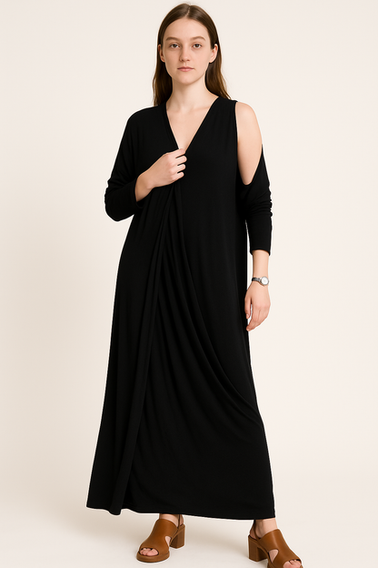 Lange damesjurk met V-hals en getailleerd silhouet – Aria