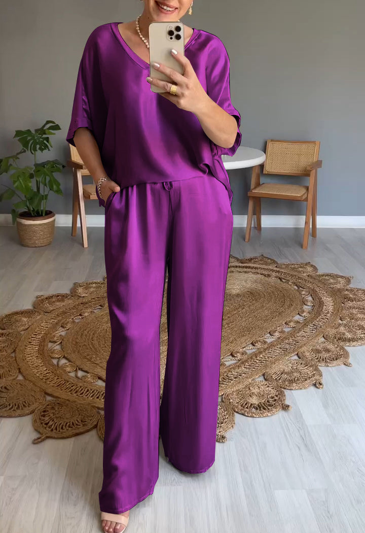 Satijnen dames pak V-hals elegant tweedelig – Eloria