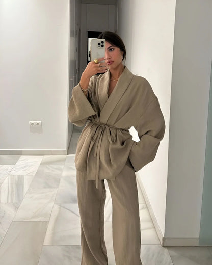 Linnen dames kimono set met chique pasvorm – Aloréa