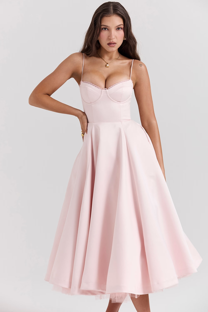 Satijnen midi jurk met tule en sweetheart hals – Isla
