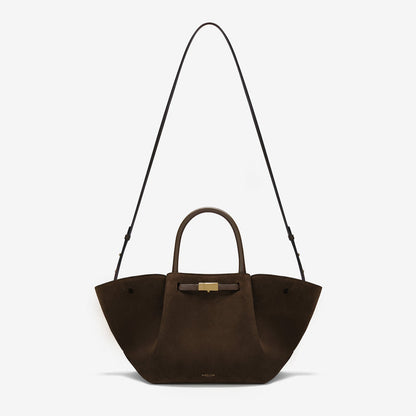 Suède tote bag met schouderriem en ruimte – Mondera