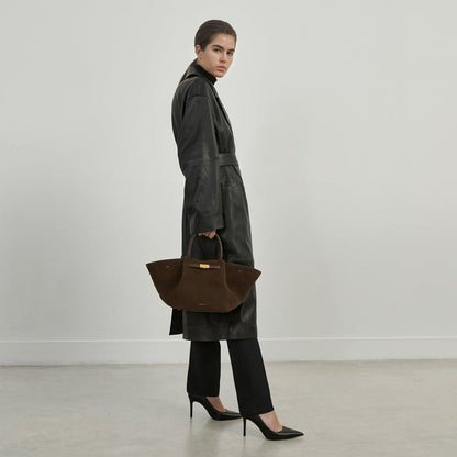Suède tote bag met schouderriem en ruimte – Mondera