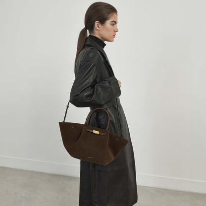 Suède tote bag met schouderriem en ruimte – Mondera