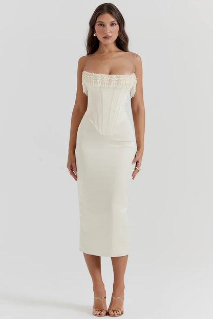 Maxi avondjurk met pareldetails voor dames – Yasmin