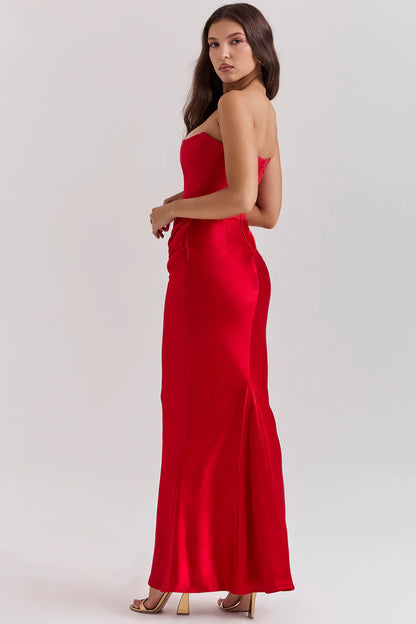 Strapless satijnen avondjurk met drapering – Amina