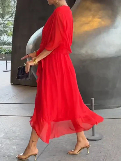 Zomerjurk zijde mousseline V-hals elegant – Liravelle