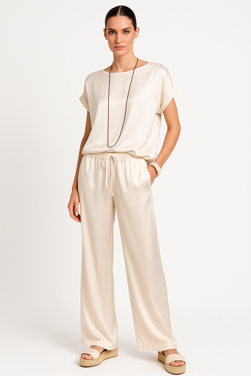 Luchtige tweedelige dames set met wijde broek – Lola