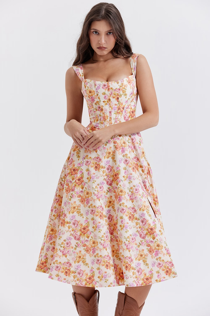 Bloemen midi jurk met corset en split dames – Loretta