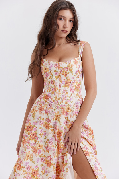 Bloemen midi jurk met corset en split dames – Loretta