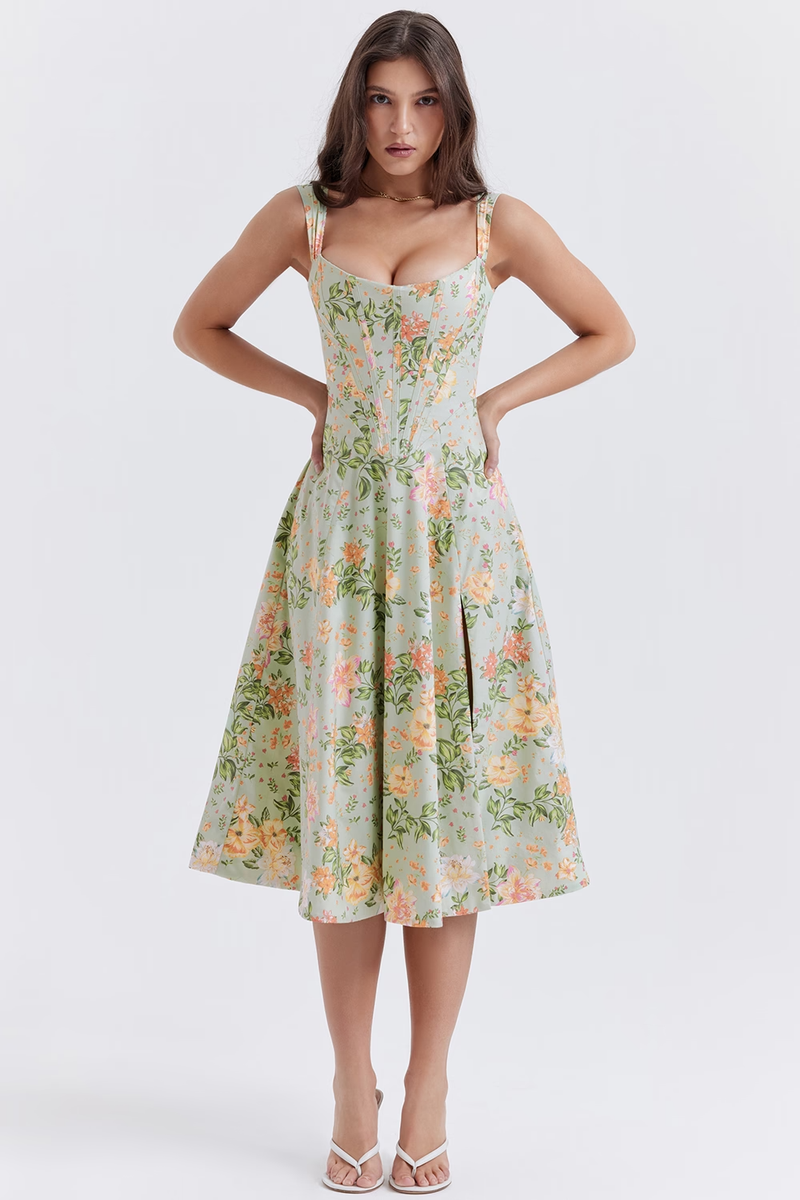 Bloemen midi jurk met corset en split dames – Loretta