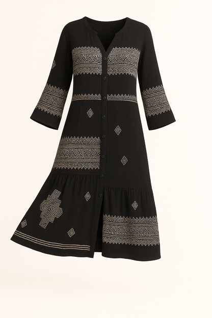 Maxi-jurk met V-hals en trompetmouwen – Mila