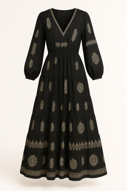 Maxi-jurk met V-hals en trompetmouwen – Serafina