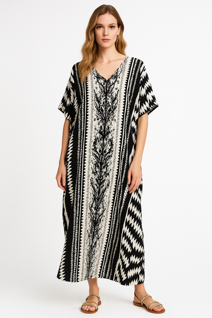 Etnische Zwart-Witte Kaftan Jurk voor Dames – Alenya
