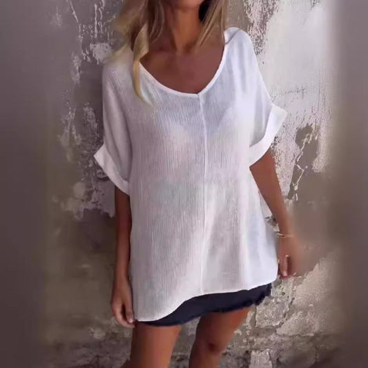 Dames T-Shirt V-Hals Katoen Linnen Zomer – Elise