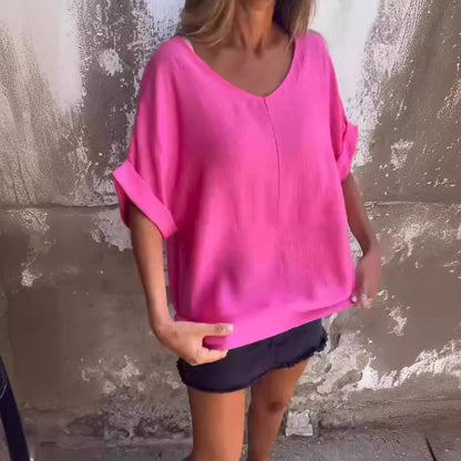 Dames T-Shirt V-Hals Katoen Linnen Zomer – Elise
